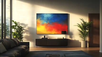 Modern living room with large abstract artwork on wall above media console.