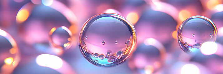 Abstract iridescent spheres float, shimmering softly in a vibrant, purple and pink bokeh background.  Beauty, elegance, and surrealism are perfectly captured.