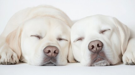 Two Labrador Retrievers sleeping peacefully together on white background, perfect for pet-themed products