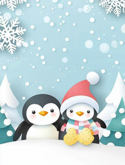Fototapeta premium Adorable penguins in winter wonderland Snowy scene, festive hats, cozy feeling.