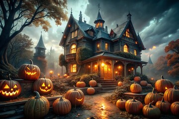 Spooky Halloween Night: Enchanted Haunted House with Glowing Pumpkins