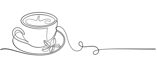 Continuous one line drawing of a cup of tea with steam Modern minimalist linear illustration made of thin lines