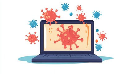 Stylized laptop screen invaded by red viruses, illustrating cybersecurity threat, contagion, digital infection, and vulnerability concept.