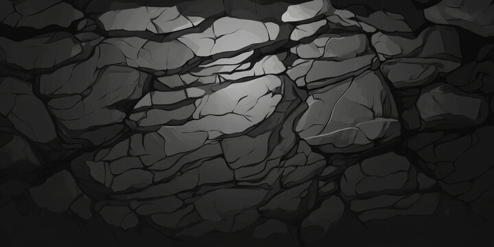 Deep cavern stone background with layered rock walls, textured and shadowy formations.