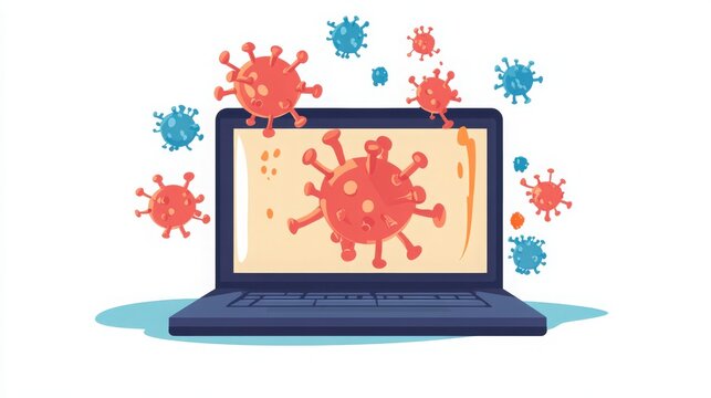 Stylized laptop screen invaded by red viruses, illustrating cybersecurity threat, contagion, digital infection, and vulnerability concept. - Powered by Adobe