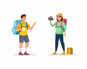 Two cartoon hikers, one pointing and one taking a picture, illustrate a fun and friendly travel experience.