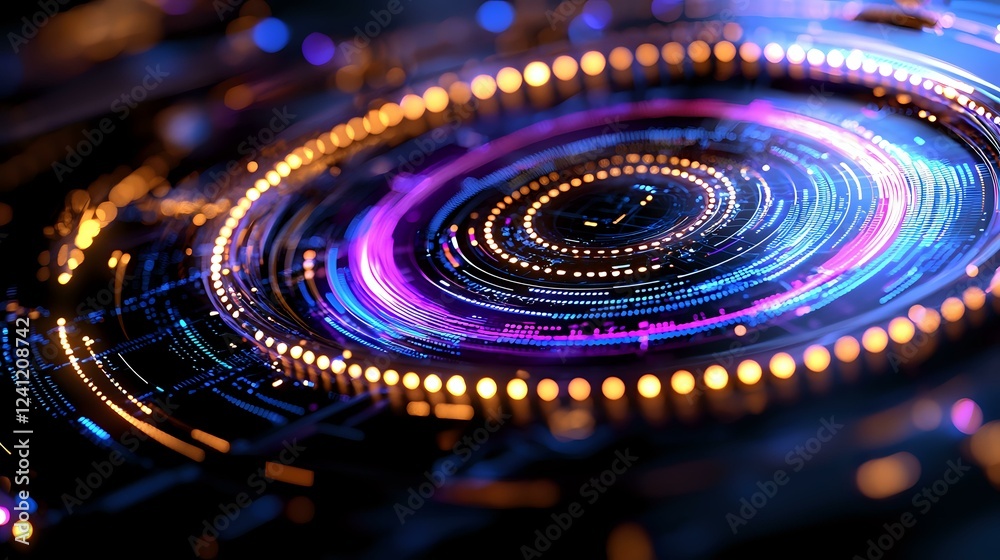 Poster glowing spiral light trails in vibrant neon colors against dark background create mesmerizing circul