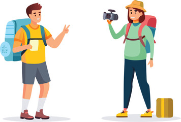 Two cartoon hikers, one pointing and one taking a picture, illustrate a fun and friendly travel experience.