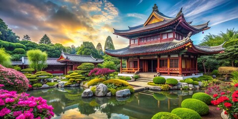 Fototapeta premium Serene Asian Temple Garden: Lush Flowers, Stone Pathways & Peaceful Retreat Stock Photo