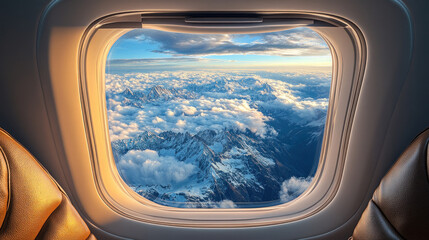 Fototapeta premium A first-class airplane seat with an open window revealing breathtaking views of mountain ranges below