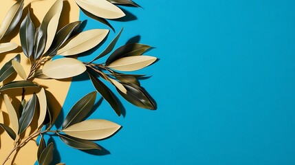 Obraz premium Tropical leaves, blue yellow backdrop