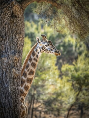 Fototapeta premium Giraffe beside tree, dappled sunlight, tranquil scene.