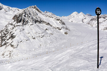 Eggishorn, Fiesch, Wallis, Switzerland, Europe : view from Eggishorn for Aletsch glacier down in the valley, Jungfrau-Aletsch-Bietschhorn region, UNESCO World Heritage Site