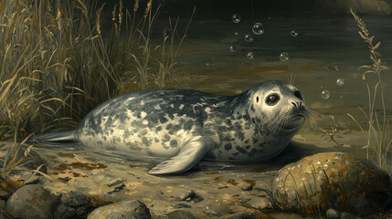 Obraz premium Harbor Seal Pup Resting by Water's Edge.
