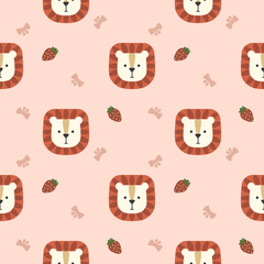 Face Lion cartoon so cute. On strawberry bow pink background. Pattern seamless vector illustration. 
