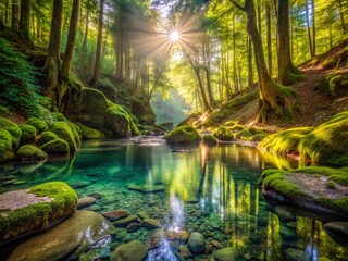 Fototapeta premium Serene Forest Natural Pool: Crystal Clear Water, Lush Greenery, Tranquil Nature Escape