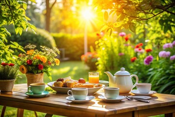 Serene Garden Breakfast: Coffee, Light Dishes & Lush Greenery