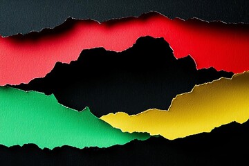 Abstract geometric black, red, yellow, green color paper background. Torn ripped paper collage composition , isolated on white background,  , copy space for text,