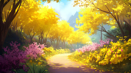 una ilustracion o pintura de un bosque florecido radiante y resplandeciente con arboles color amarillo y un camino de tierra entre el bosque con flores hermosas