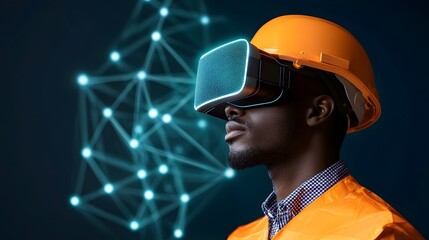 Logistics technology concept featuring a takeaway rider using augmented reality smart glasses for optimized route planning and delivery service efficiency in an urban setting
