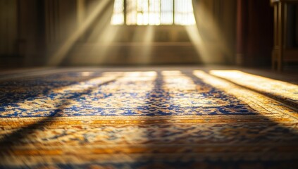 Sunbeams illuminate ornate carpet in prayer room