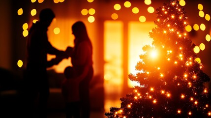 Family celebrating Christmas around tree.