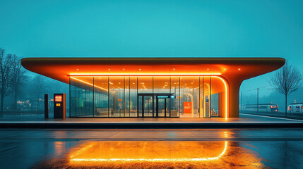 Obraz premium A modern train station at night, illuminated by glowing signage and sleek architectural lines