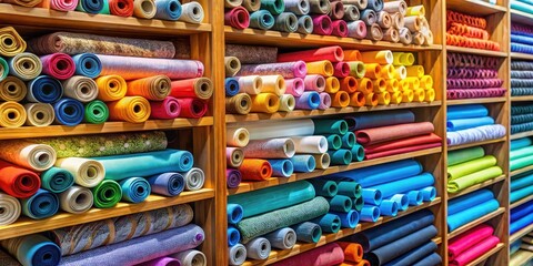Colorful fabric rolls stacked neatly on shelves in a fabric store