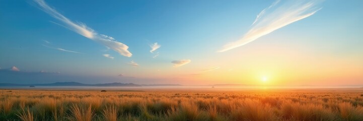 Obraz premium Serene morning landscape with blue sky and few wispy cirrus clouds, daybreak, sunrise