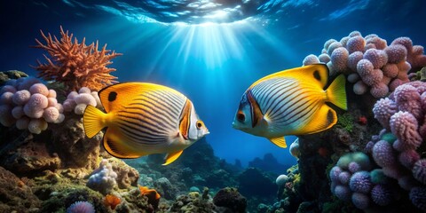 Obraz premium Colorful Tropical Fish Swimming Among Coral Reef Underwater