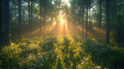 Fototapeta premium Sun rays pierce through misty forest, illuminating wildflowers.