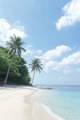 Tranquil tropical beach with palm trees swaying under a bright blue sky