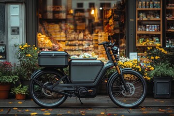 electric cargo bike with a box compartment, parked in front of a grocery store