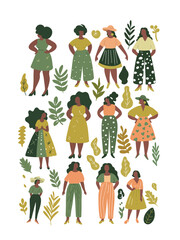 set of African American women in green-toned outfits