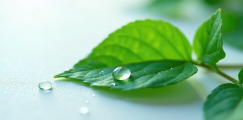 Fototapeta premium Single ivy leaf with dew drops on white surface, single, droplets