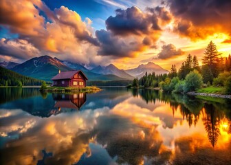 Fototapeta premium Serene Sunset Mountain Cottage Lake Landscape Stock Photo