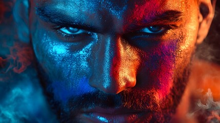 Intensiver männlicher Blick mit blau-roter Beleuchtung – Kraftvolle Ausdrucksstärke und Dynamik 