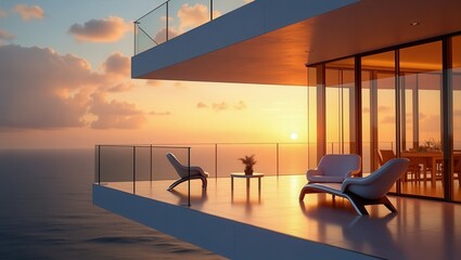 Futuristic design of modern Balcony at Golden Hour, cinematic photography
