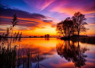 Obraz premium Serene Sunset Silhouette: Peaceful Pond at Dusk - Stock Photo
