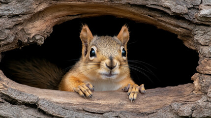 Obraz premium playful squirrel cautiously emerging from tree hollow, curious and alert