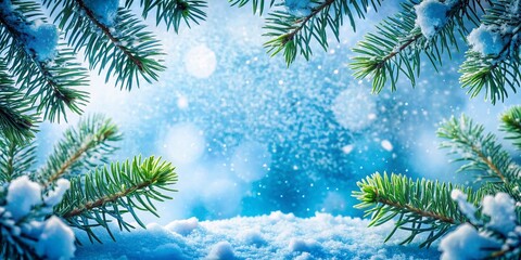 Obraz premium Serene Winter Scene: Snow-Covered Fir Branches Frame Textured Blue Surface