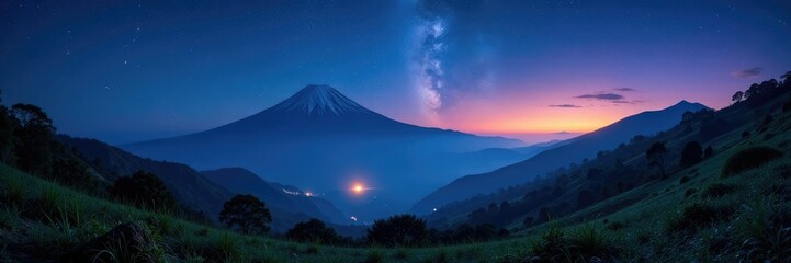 Fototapeta premium Star-filled night on the slopes of Mount Rinjani, landscape, foliage, night scene
