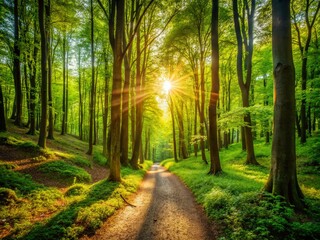 Fototapeta premium Sunlit Forest Trail: Woodland Path, Green Trees, Nature Walk