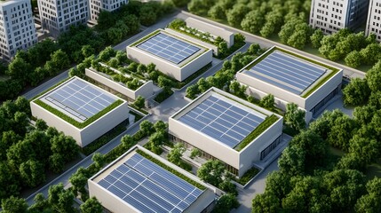 Fototapeta premium Aerial View of Sustainable City with Green Roofs and Solar Panels Highlighting Integrated