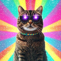 Unicorn Candy Cat with lasers from eyes. Minimal collage fashion concept , isolated on white background,  , copy space for text,