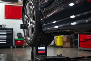 Car on stand with sensors on wheels for wheels alignment camber check in workshop of Service station , isolated on white background,  , copy space for text,