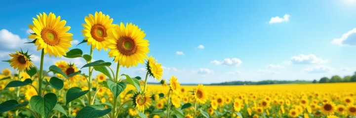 Obraz premium Sunflowers sway gently in the breeze under clear blue skies, field, wind, blooming flowers