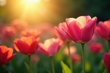 Fototapeta premium Sunlight filters through flower petals softly, gentle, soft light, garden