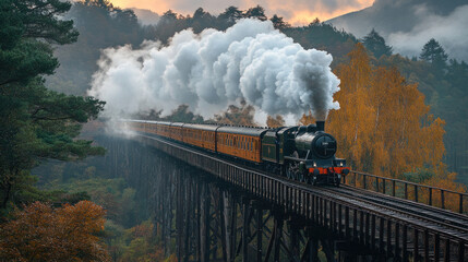 Fototapeta premium A steam train traveling across a long wooden bridge, with smoke billowing into the crisp morning air