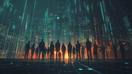 Group of business people silhouettes in modern office building and business network concept. Human resources with pastel innovation charts and graphs with statistics to analyze business